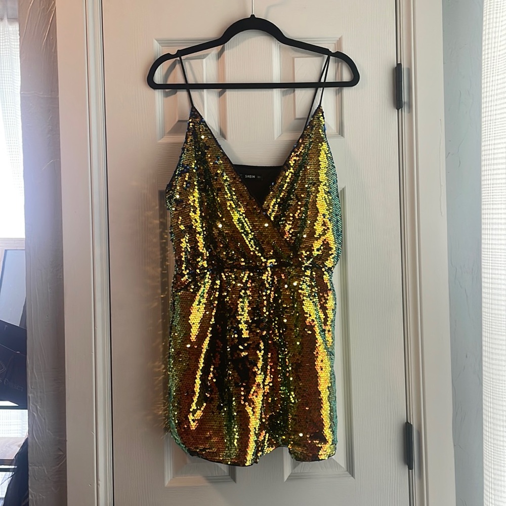 Blue and gold sequin romper